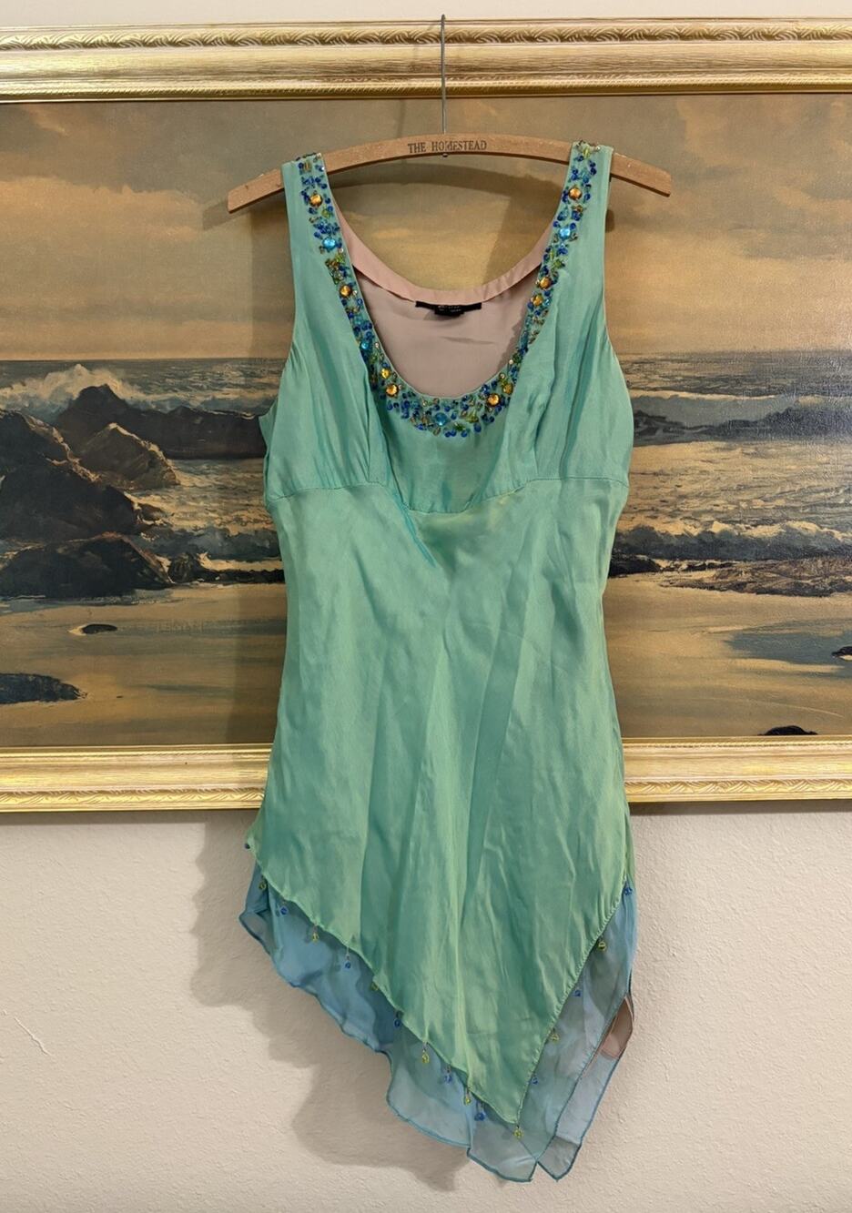 Y2K ECI A-Symetrical Blouse, Beaded Blue And Green Size Large, 2000s Fairy